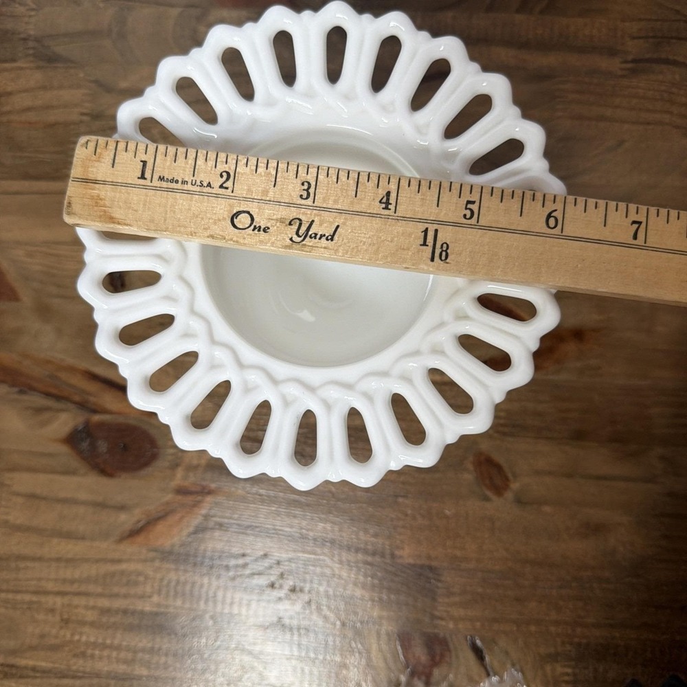 Vintage Milk Glass Pedestal Compote Vase Open Lace Rim Fluted Footed Bowl - Picture 3 of 8